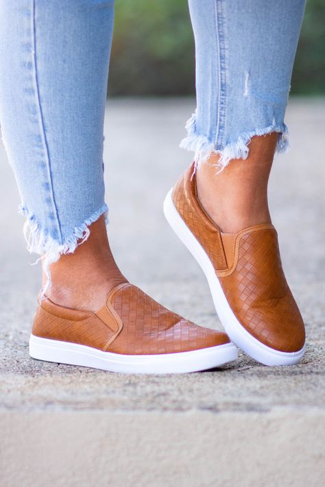 Women's Tan Leather Slide On Sneakers | Chic Soul Slide On Sneakers, Northern Star, Comfortable Work Shoes, Chic Soul, Flirty Tops, Chic Sneakers, Comfortable Footwear, Dress Mint, Fancy Shoes