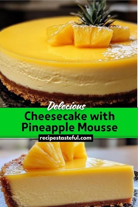 This Cheesecake with Pineapple Mousse features a classic creamy cheesecake base topped with a light and refreshing pineapple mousse. Perfect for summer, this dessert offers a delightful tropical twist on traditional cheesecake. Pineapple Mousse, Traditional Cheesecake, Cheesecake Base, Mousse Cheesecake, Pineapple Cheesecake, Traditional Thanksgiving Recipes, Frozen Cheesecake, Cheesecake Toppings, Easy Thanksgiving Recipes