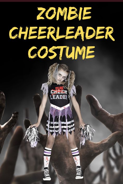 Zombie Cheerleader Costume Zombie Cheerleader Makeup For Kids, Zombie Cheerleader Makeup, Zombie Cheerleader Costume, Girls Cheerleader Costume, Zombie Cheerleader, Halloween 23, Girls Costumes, Cheerleader Costume, Zombie Costume