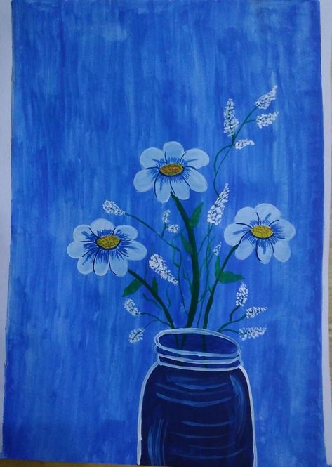 Blue Themed Painting Ideas, Canvas Painting Ideas Blue Background, Easy Painting Ideas On Canvas Blue, Blue Background Painting, A Flower Drawing, Monochromatic Artwork, Blue Art Painting, Bright Red Flowers, Card Painting