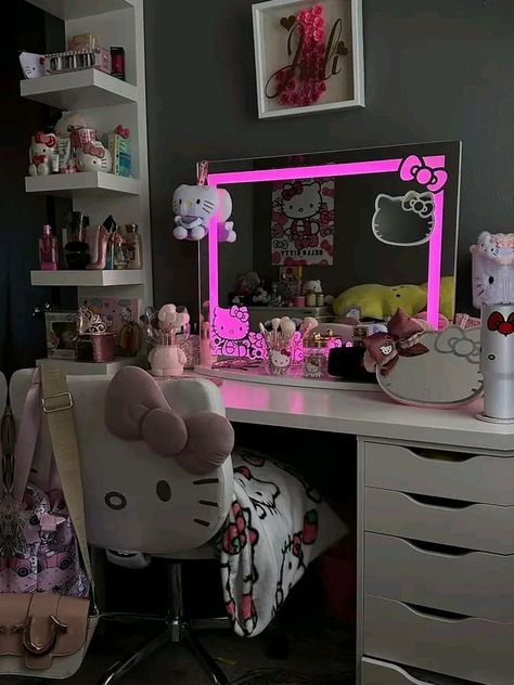 Hello Kitty Themed Room, Hello Kitty Room Aesthetic, Hello Kitty Vanity, Hello Kitty Room, Kitty Room, Hello Kitty Room Decor, Hello Kitty Bedroom, Hello Kitty Bed, Off The Shoulder Dresses