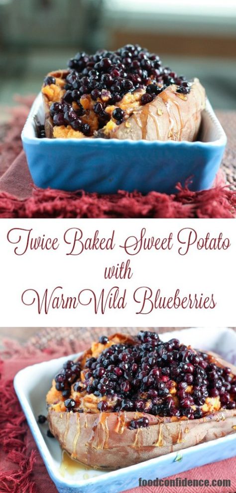 Twice Baked Sweet Potato with Wild Blueberries Fertility Recipes, Wild Blueberry Recipes, Twice Baked Sweet Potato, Tummy Tightening, Thanksgiving Potluck, Twice Baked Sweet Potatoes, Savory Sides, Baked Sweet Potatoes, Breaking Bread