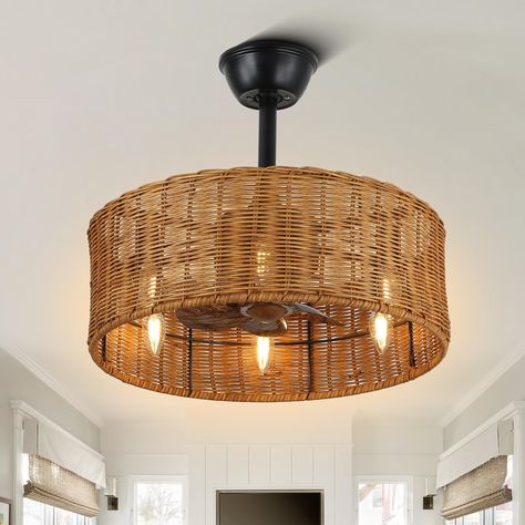 PRICES MAY VARY. Bladeless Ceiling Fan:This 18-inch ceiling fan with light features 6*E12 light bases (bulbs not included) and handwoven rattan caged frame, adding a rustic touch to rooms with limited space. It is ideal for kitchen, bedroom, dining room, and living room. Remote Control: The ceiling fan with lights is equipped with an easy-to-use remote control, allowing you to operate various functions of the ceiling fan light fixture(3 speeds,timing,reversible blades) without leaving your seat. Caged Ceiling Fan, Ceiling Fan With Lights, Rattan Shades, Drum Chandelier, Ceiling Fan With Remote, Scandi Style, Ceiling Fans, Fan Light, Ceiling Fan With Light