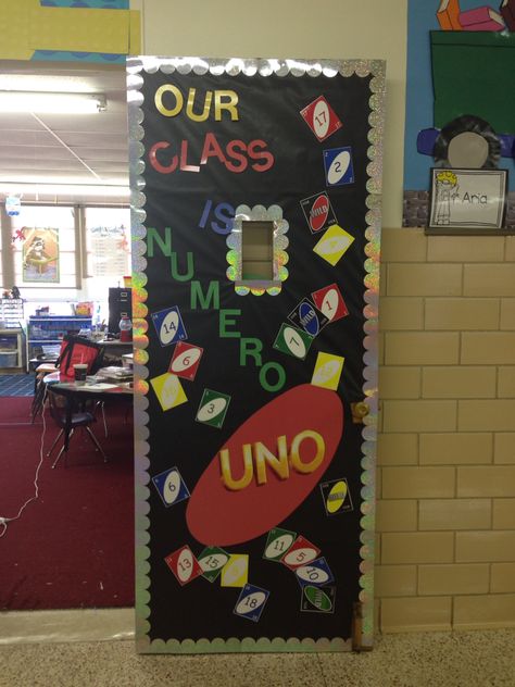 Uno Game Classroom Door Decoration-"Our Class is Numero Uno" Game Door Decorations, Spanish Classroom Door, Spring Classroom Door, Uno Game, Teacher Door Decorations, Board Game Themes, October Ideas, Library Themes, Preschool Bulletin