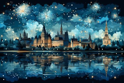 New Year wallpaper in reflection theme, New Year wallpaper emphasizing fireworks set New Years Wallpapers Aesthetic, Year Wallpaper, New Year Wallpaper, Landscape Background, Wallpaper Ideas, Screen Savers, Lettering Fonts, Desktop Wallpaper, Fireworks