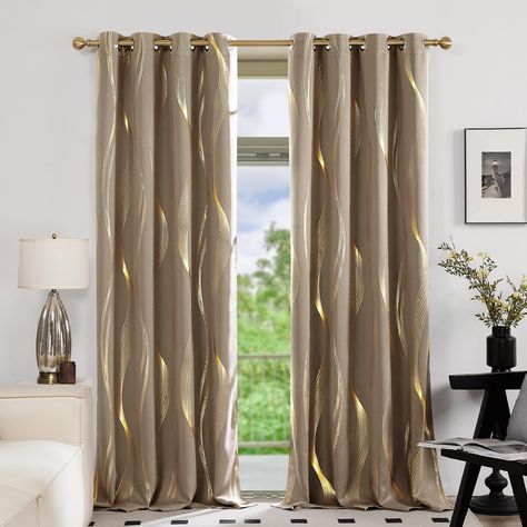 PRICES MAY VARY. PRODUCT INFO - Deconovo Decorative Blackout Curtains are made of 100 percent high quality polyester fabric. Imported. Each panel measures 52 inch wide by 63 inch long with 8 stainless silver grommets (1.6 inch inner diameter each grommet) BEAUTIFUL DESIGN - Each blackout curtain panel has a foil printed wave striped pattern and these curtains are available in various colors and sizes, which is perfect to add a sense of splendor and opulence to your settings FUNCTION CURTAINS - T Interior Curtains Living Room, Curtains For Modern Bedroom, Pattern Drapes For Living Room, Transitional Curtains Living Room, Drapes For Living Room Modern, Patterned Curtains Living Room, Fall Curtains Living Rooms, Printed Curtains Bedroom, Black Out Curtains Bedroom Ideas