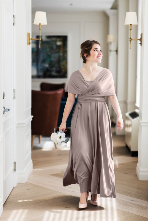 Floor Length Infinity dress in taupe. This bridesmaid dress is size adjustable, affordable and available in plus sizes. Bridesmaid Big Size Dress, Bridsmade Dress, Bridesmaid Dresses Big Size, Infinity Dress Ways To Wear Plus Size, Model Dress Bridesmaid, Bridesmaid Dress For Plus Size, Bridesmaid Dresses For Plus Size, Infinity Dress Plus Size, Plus Size Infinity Dress