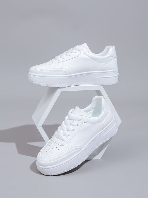 White  Collar     Embellished  Spring/Fall Women Shoes White Shoe Outfits For Women, White Shoes High, Plain White Shoes, Simple Sneakers, Teen Shoes, Plain White Sneakers, White Casual Sneakers, Woman Sneakers, Shoes For School