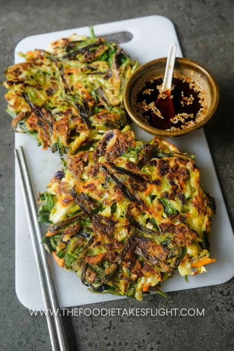 Vegan Yachaejeon (Korean Vegetable Pancakes) - The Foodie Takes Flight Chinese Vegetable Pancakes, Korean Breakfast Pancake, Veggie Pancakes Recipe, Best Way To Eat Vegetables, Asian Vegetable Fritters, Korean Pancake Recipe Vegetables, Keto Korean Pancake, Veggie Pancakes Korean, Veg Pancake Recipe