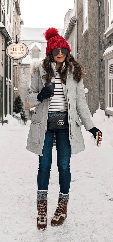 Cold Weather Look Winter Outfit Inspiration Quebec City What to wear J.Crew Snow boots layering Quebec City Outfits Winter, Casual Winter Outfits For Women 2023, Binnie Hat Outfits, Outdoor Winter Outfits For Women, Euro Winter, Alaska Outfits, Snow Style, Winter Outfits Snow, Winter Mode Outfits