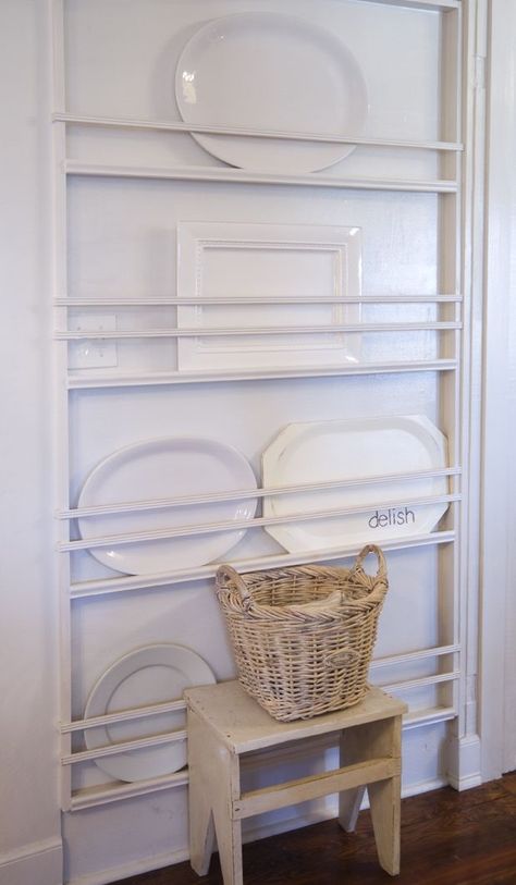 Plate rack built onto a spare wall for serving dishes. Love this! Plate Rack Wall, Diy Plate Rack, Plate Rack, Plate Racks, Kitchen Pantry, Küchen Design, Dream Kitchen, Kitchen Inspirations, New Kitchen