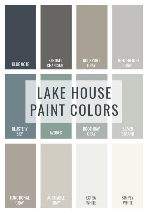 The best gray and blue neutral lake house paint colors Blue Paint Schemes For House, Blue Grey House Color Scheme Exterior, Lake House Colors Palette, Behr Nautical Paint Colors, Coastal Farmhouse Lake House, Lake House Shiplap Wall, Neutral Lake House Paint Colors, Lake House Color Schemes Interior, Lake House Paint Palette