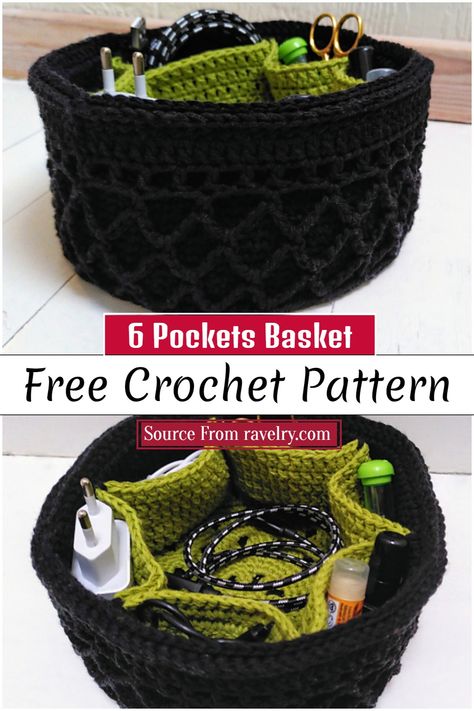 Crochet Basket With Dividers, Crochet Project Organization, Crochet Basket Worsted Weight Yarn, Crochet Household Items Home Decor, Crochet Waste Basket, Crochet Organizer Basket, Crochet Storage Ideas Organizations, Crochet Spa Basket Pattern Free, Crochet Nesting Baskets