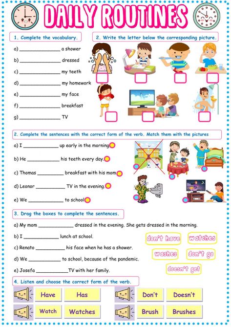 Daily routines worksheet - Interactive worksheet Daily Routine Worksheet, Funny Activities, Daily Routine Kids, Presente Simple, Materi Bahasa Inggris, Ideas Sketch, Free Time Activities, Simple Present Tense, Everyday English