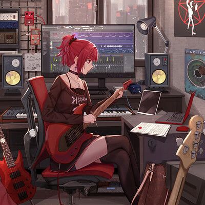 Metropolis, Guitar, Moon, Music, Anime