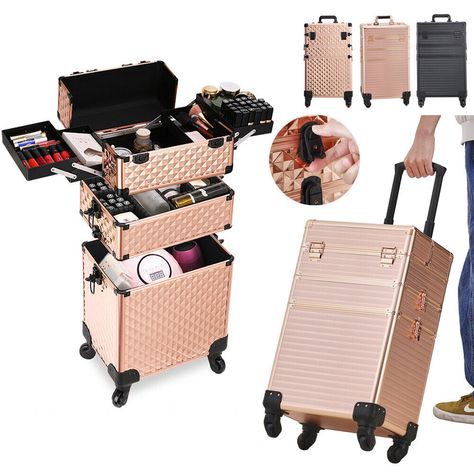 Feature: *100% brand new and high quality. *3 in 1 design& large storage capacity,It is an ideal choice for organizing all cosmetics such as lipstick. *Made of high quality aluminium frame with MDF baseplate,adpots luxury rose gold to make it elegant. *The upper layer can be disassembled and used as a portable carry-on case. *Features a top compartment with removable sponge divider to provide delicate accessories and glass bottles *Designed with a comfortable telescopic handle, durable trolley wheels and lock, which is convenient to move and carry. *Multi-functional jewelry box,perfect for the professional Salon Make-up artist, Hairstylist and nail beauty.   Specification: Main Color:  Rose Gold / Black Material:  PU+Plastic +Aluminium Frame+Pearl Cotton Check Lining Overall Dimensions: 35 Vanity Box Makeup, Hairdressing Trolley, Cosmetic Vanity, Makeup Trolley, Functional Jewelry, Full Makeup, Space Storage, Nail Beauty, Vanity Case