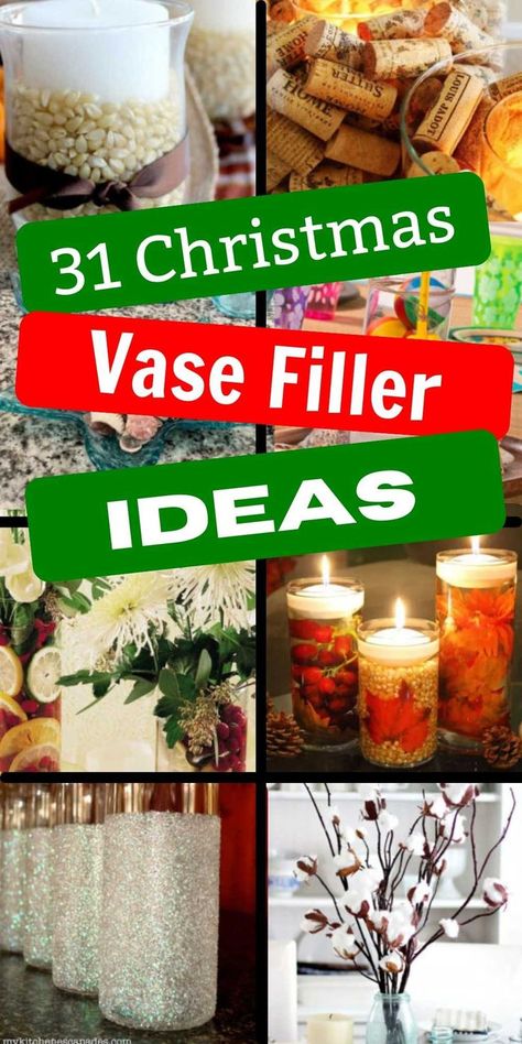 Step up your holiday decor game with these gorgeous 31 Christmas vase filler ideas. Transform your home into a winter wonderland with these filling vases ideas with lights, water beads, pine cones, water, jingle bells, ornaments and more. These simple ideas include apothecary jars, dollar store vases, farmhouse ideas and much more for the easiest decor. Winter Vase Filler Ideas, Decorative Vase Filler Ideas, Christmas Vases Decorations Diy, Christmas Vase Filler Ideas, Christmas Vase Filler, Apothecary Jar Decor, Water Beads Centerpiece, Christmas Apothecary Jars, Vase Filler Ideas