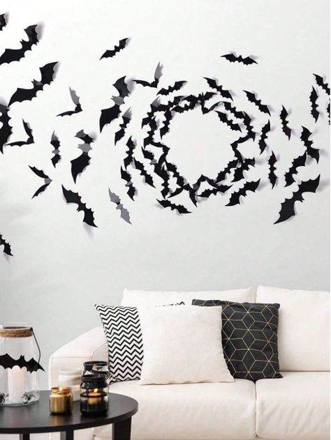 Black  Collar  PVC   Embellished   Kitchen & Dining Halloween Bat Wall Decor, Fake Spider Web Decoration Indoor, Halloween Bats On Wall, Bat Decorations On Wall, Bats Decoration, Wall Decal Bathroom, Pvc Kitchen, Bat Sticker, Scary Bat