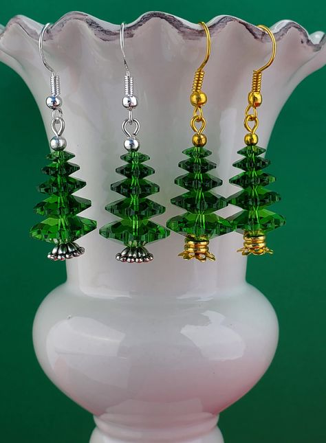 Christmas Tree Earrings, Swarovski 5 Tier Fern Green Tree Earrings, Christmas Holiday Jewelry, Sterling Silver, Gold, Holiday Gift for Her Total measurement from top of Ear Wire is approximately 1 1/2".  The total length of the Tree from the point of dangle if 1".  Your choice of Sterling Silver or Gold-Filled Ear Wires. A Special Gift for Someone Special or just a little something to put you in the Christmas Spirit, these Little Trees are sure to catch a "Twinkle" in their eye. Thank you for lo Cheap Beaded Earrings For Holiday Gifts, Cheap Handmade Beaded Earrings For Festive Occasions, Christmas Jewelry With Pipecleaner, Cheap Green Christmas Jewelry, Holiday Jewelry Greatergood, Cheap Handmade Beaded Earrings For Festive, Cheap Christmas Earrings With Round Beads, Cheap Festive Beaded Earrings For Holidays, Beaded Christmas Earrings Toocutebeads.com