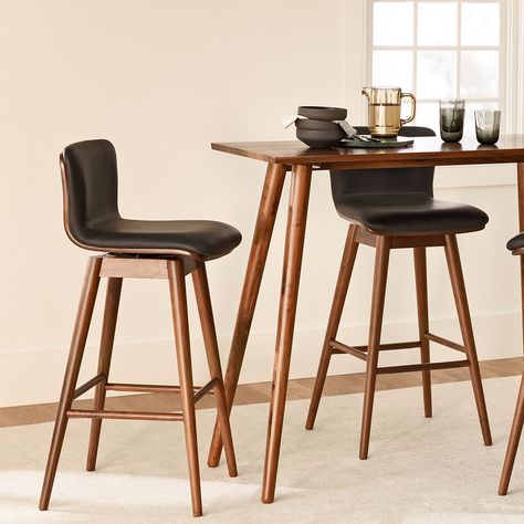 Sede Black Leather Walnut Swivel Bar Stool Modern Bar Tables, Modern Bar Stools Kitchen, Mid Century Bar Stools, Modern Bar Table, Leather Swivel Bar Stools, Counter Stools With Backs, Mid Century Modern Bar, Article Furniture, Modern Counter Stools