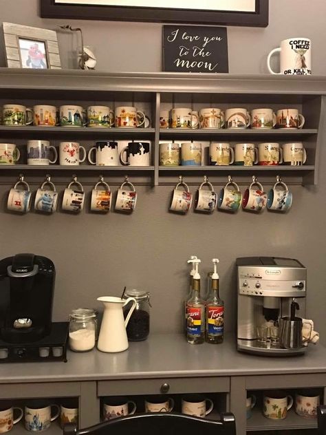 Coffee Bar Starbucks Mugs Collection Display, Starbucks Display Ideas, What To Collect Ideas, Kitchen Mug Display, Coffee Mug Display Wall, Starbucks Been There Mugs Display, Mugs Display Ideas, Starbucks Mugs Display, Mugs Storage Ideas