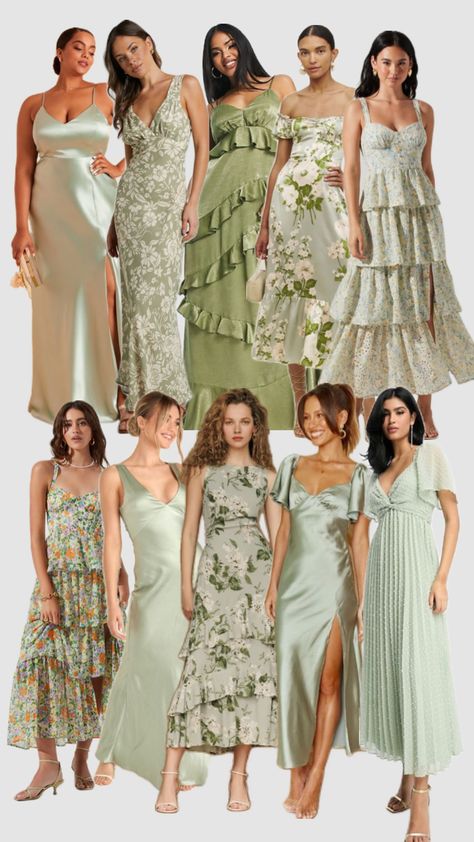 Forest Wedding Dress Guest, Bridesmaid Dresses Green Spring, Mid Matched Bridesmaids, Shades Of Green Bridesmaid Dresses Summer, Various Shades Of Green Bridesmaid Dresses, 6 Bridesmaids Different Dresses, Peach And Sage Bridesmaid Dresses, Mixed Texture Bridesmaid Dresses, Olive Bridesmaids Dresses