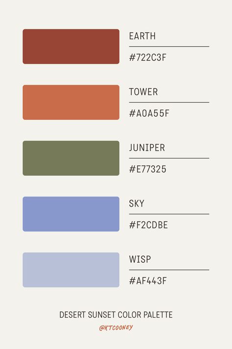 Color Palette Inspiration to use in your next illustration or design project!  Desert Sunset: a warm, earthy aura. Experience the magic of sunset in the desert with this pallete inspired by Moab and Arches National Park. Each shade echoes the stunning hues of desert twilight against the iconic sandstone arches.   Tags: granola girl outdoorsy trees mountain canyon earthy desert colorado utah arches national park sunset juniper sunrise woodsy branding brand logo colors inspiration inspo Austin Texas Color Palette, Graphic Design Mountains, Zion Color Palette, Desert Website Design, Desert Branding Design, Colorado Color Palette, Sedona Color Palette, Granola Girl Color Palette, Camping Color Palette