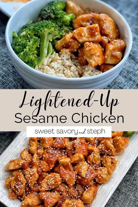 Everyone loves to indulge in Chinese takeout, but the more popular and tasty dishes like Sesame Chicken are deep fried and can cost you a ton of calories.  In my Lightened-Up Sesame Chicken, chunks of chicken breast are coated in corn starch and lightly pan-fried, then tossed in a thick, sweet, sticky sauce. Paired with some rice and broccoli, this fakeout takeout is a crowd-pleaser. Healthy Chicken Pot Pie, Rice And Broccoli, Sticky Sauce, Fried Chicken Cutlets, Ww Meals, Searing Meat, Sesame Chicken Recipe, Chicken Chunks, Chinese Takeout