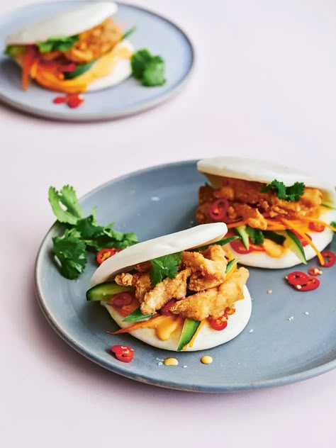 Crispy Chicken Bao Buns Recipe | Simple Home Edit Bao Buns Recipe Chicken, Korean Chicken Boa Bun, Chicken Bao Buns Recipe, Korean Fried Chicken Bao, Bao Buns Filling Chicken, Chicken Bao Buns, Bao Buns Recipe, Home Edit, Bao Buns