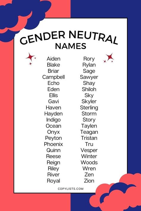 a list of gender neutral names on a blue and red background Names Gender Neutral, Neutral Names, Names With Nicknames, Gender Neutral Outfits, Best Character Names, Gender Neutral Names, Name Suggestions