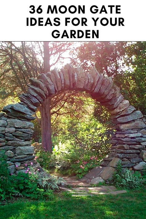 If you're doing some landscape design for your garden, here are some magical moon gate ideas to create an enchanting space. #moongates #landscaping #landscapedesign #witchgarden Moon Garden Gate, Moondoor Garden, Diy Garden Entrance Ideas, Stone Moon Gate, Moon Gate Trampoline, Garden Moon Gate Diy, Moon Door Garden Diy, Secret Garden Ideas Diy Small Spaces, Moon Gate Garden Diy