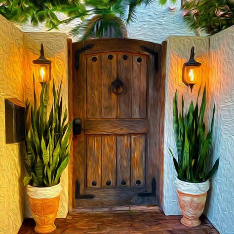 "Behind The Door" - Backyards of Key West Gallery Mexican House Exterior, Key West Art, Hemingway House, Spanish Home Decor, Hacienda Style Homes, West Home, Mexican Home Decor, Mexican Home, West Art