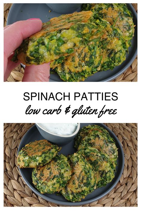 Spinach Patties - low carb & gluten free - Cookies & Carrot Sticks Spinach Patties, Low Carb Cheesecake Recipe, Spicy Dipping Sauce, Carrot Sticks, Low Carb Sides, Bariatric Recipes, Vegan Appetizers, Low Carb Gluten Free, Mediterranean Recipes