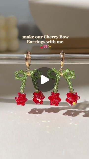 Cherry Beads Earrings, How To Make Crystal Earrings, Glass Bead Tutorial, Crystal Bead Earrings Diy, Beaded Cherry Necklace, Cherry Beaded Earrings, Crystal Beads Earrings, How To Make A Cherry With Beads, Crystal Bead Jewelry Diy