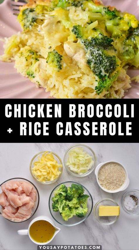 Plate of casserole, plus ingredients, and title: Chicken, Broccoli, and Rice Casserole. Lemon Chicken Broccoli Rice, Chicken Broccoli Rice Alfredo Casserole, Chicken Broccoli Rice Casserole No Soup, Basmati Rice And Chicken, Chicken Breast Broccoli Rice Casserole, Chicken Broccoli Bake Recipes, Chicken Broccoli Rice Cheese Casserole Without Cream Soup, Chicken Broccoli Rice Cheese Casserole Crockpot, Chicken Broccoli Rice Recipes