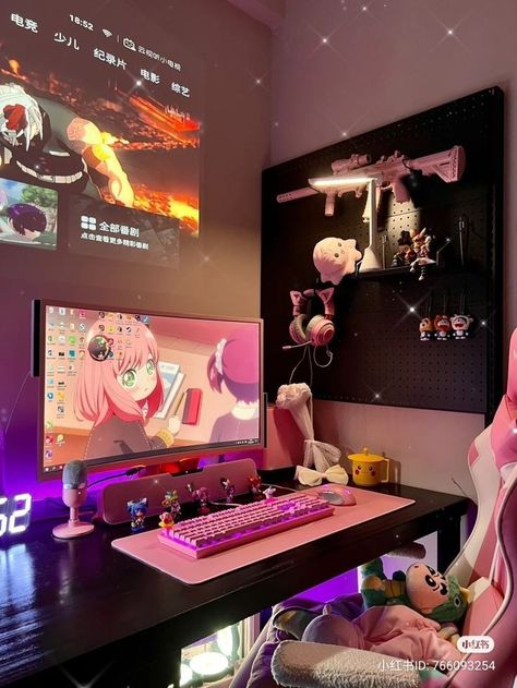 kawaii pink gaming setup Women Gaming Setup, Anime Game Room, Anime Gaming Room, Gamer Girl Room, Gamer Girl Setup, Pink Gaming Setup, Games Room Inspiration, Gamer Setup, Cool Dorm Rooms