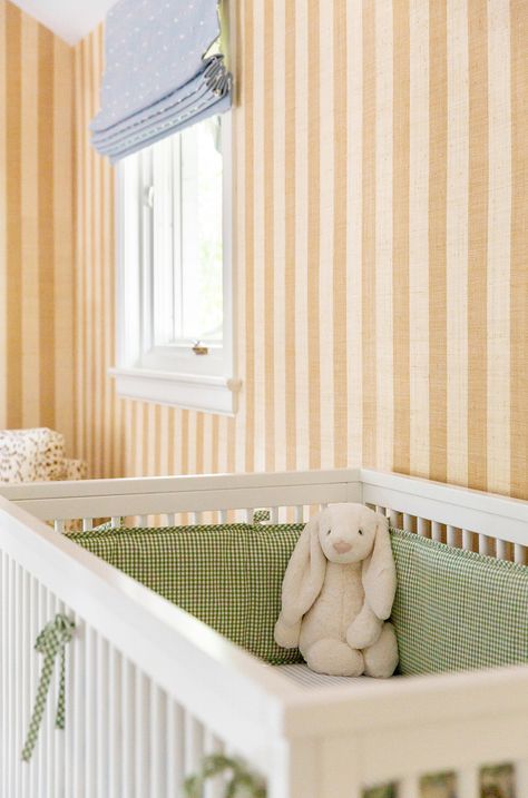 A NURSERY SNEAK PEEK | Luella & June Striped Wallpaper Nursery, Striped Nursery, Nursery Interior Design, Custom Dresser, Striped Wall, Striped Room, Fun Nursery, Baby Crib Sheets, Yellow Nursery