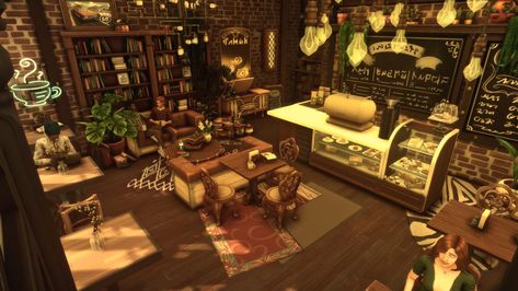 Willow Creek Library, Cottagecore Cafe, Black Willow, Library Cafe, City Layout, Sims 4 House Design, Dark Souls Art, Sims Building, Coffee Shops Interior