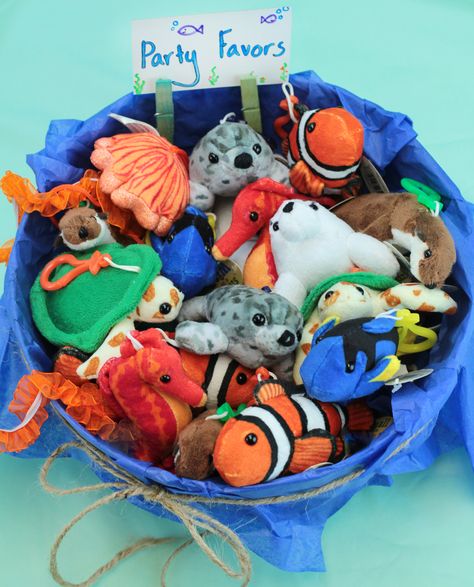 Plush clip on aquatic animals for a Under the sea themed birthday party Sea Animal Birthday Party Ocean Themes, Adopt A Sea Creature Party Favor, Ocean Animal Party Ideas, Undersea Theme Party, Aquatic Theme Birthday Party, Ocean Animal Party, Sea Animal Themed Birthday Party, 1st Birthday Sea Theme, Aquarium First Birthday Party