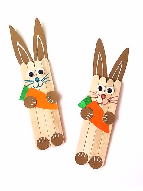 Craft Stick Bunny Craft Lolly Stick Craft, Carrot Craft, Remembrance Day Art, Bunny Craft, April Crafts, Easter Wood Crafts, Easter Arts And Crafts, Popsicle Crafts, Easy Easter Crafts