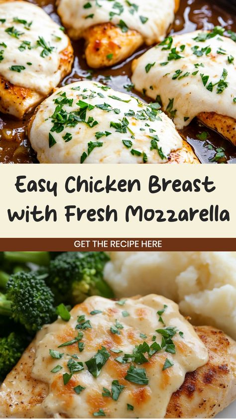 Indulge in a delicious meal with this flavorful recipe for juicy chicken breast topped with melted fresh mozzarella. Elevate your dinner game with this easy-to-make dish that is perfect for any occasion. The combination of tender chicken and gooey cheese will have your taste buds dancing! Whether you're looking to impress guests or simply wanting a tasty homemade meal, this recipe is sure to hit the spot. Chicken And Fresh Mozzarella Recipes, Chicken Fresh Mozzarella Recipes, Chicken Breast Mozzarella Recipes, Chicken And Mozzarella Recipes, Moist Chicken Breast In Oven, Moist Chicken Breast Recipes, Chicken Mozzarella Recipes, Chicken With Mozzarella Cheese, Fresh Mozzarella Recipes