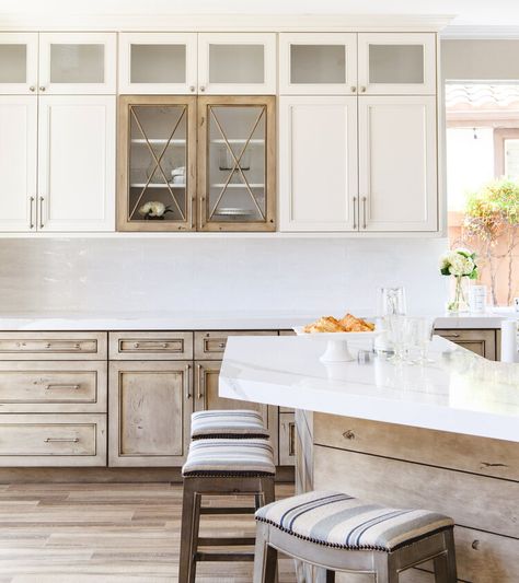 Kitchens — Savvy Interiors Knotty Alder Kitchen, Alder Kitchen, Distressed Kitchen Cabinets, Glass Kitchen Cabinet, White Upper Cabinets, Glass Kitchen Cabinet Doors, Distressed Kitchen, Recessed Panel Cabinets, Kitchen Transitional