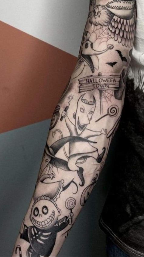 Nightmare Before Christmas Tattoo Leg Sleeve, Other Mother Coraline Tattoo, Tim Burton Hand Tattoo, Tim Burton Patchwork Tattoo, Shock Lock And Barrel Tattoo, Tim Burton Sleeve Tattoo, Nightmare Before Christmas Tattoo Sleeve, Nightmare Before Christmas Sleeve, Lock Shock And Barrel Tattoo