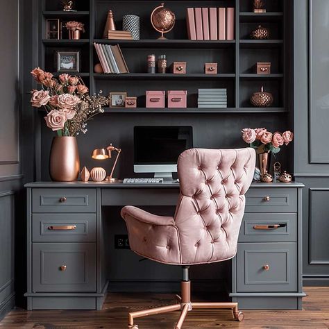 Chic Room Designs Using Slate and Rose Color Schemes • 333+ Art Images Mauve Office Decor, Dusty Rose Office, Dramatic Office, Moody Pink Office, Black And Pink Office, Mauve Office Ideas, Office Nook Ideas, Home Office Organization Ideas, Mauve Office