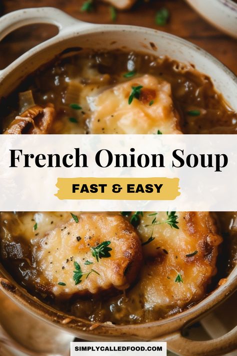 Discover the best French onion soup recipe, a simple, quick, and easy dish that embodies the rich flavors of French cuisine. Made with healthy ingredients and meat, it's perfect for any diet. You can prepare French onion soup in a Crock Pot, instant pot, slow cooker, or stove top. Dive into this tasty French onion soup recipe and more soup recipes at simplycalledfood.com. French Onion Soup With Brandy, French Onion Soup With Sherry, Quick French Onion Soup, Julia Child French Onion Soup Recipe, Healthy Onion Soup, French Onion Soup No Wine, Onion Soup Slow Cooker, Simple French Onion Soup, Best French Onion Soup Recipe