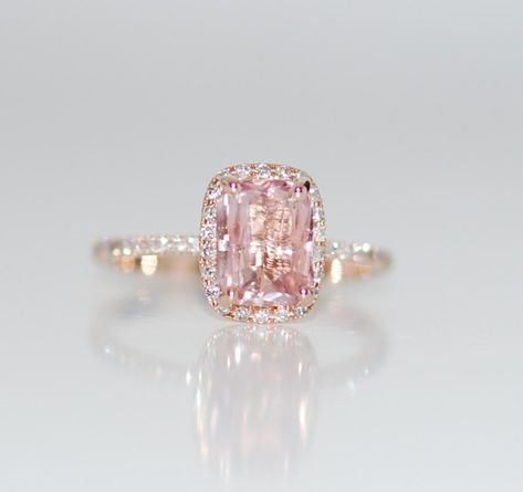 This ring features a 3.7ct radiant cut Peach color sapphire.  The stone is unbelievable - natural non-treated sapphire, very soft and sparkling. The sapphire displays some color change under certain lightening - very intriguing and unique.  This beauty is set in a 14k rose gold cushion diamond setting. I improved my signature setting and made it more sturdy with thicker gold part. It keeps the same delicate look as my other settings but is more practical for everyday wear. Hope you like it. Size Padparadscha Sapphire Ring, Peach Sapphire Rings, Peach Sapphire Engagement Ring, Peach Sapphire, Padparadscha Sapphire, Fashion Ring, Pretty Rings, Sapphire Engagement, Lovely Jewellery