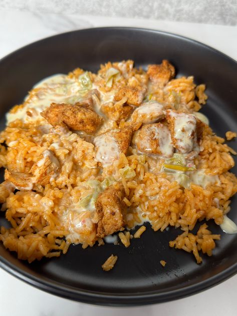 Mexican Red Rice with Chicken & Queso – Living In Midwest Dinner With Mexican Rice, Chicken Cheese Rice Mexican, Mexican Rice Aesthetic, Mexican Rice Meals, Chicken Bullion Rice, Knorr Tomato Bouillon Chicken Recipes, Mexican Chicken Cheese And Rice, Chicken Cheese And Rice Mexican Recipe, Mexican Cheesy Chicken And Rice