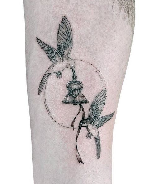 Bell Tattoo Traditional, Cowbell Tattoo, Birdbath Tattoo, Bell Tattoo Ideas Simple, Bells Tattoo, Bell Tattoo, Belle Tattoo, Hand Bells, Classy Tattoos