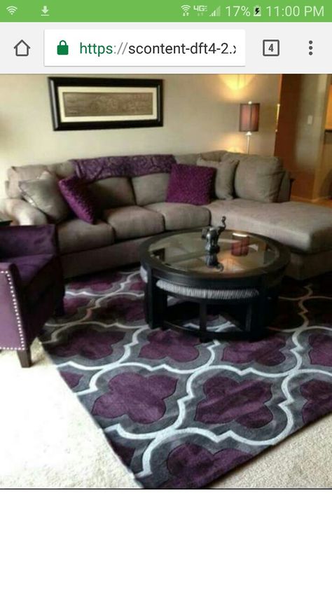 Dark Grey And Purple Living Room, Purple And Gray Living Room Ideas, Dark Purple Living Room Ideas, Purple Carpet Living Room, Purple Rug Living Room, Purple Home Decor Living Room, Living Room With Purple Accents, Purple And Grey Living Room Ideas, Grey Purple Living Room