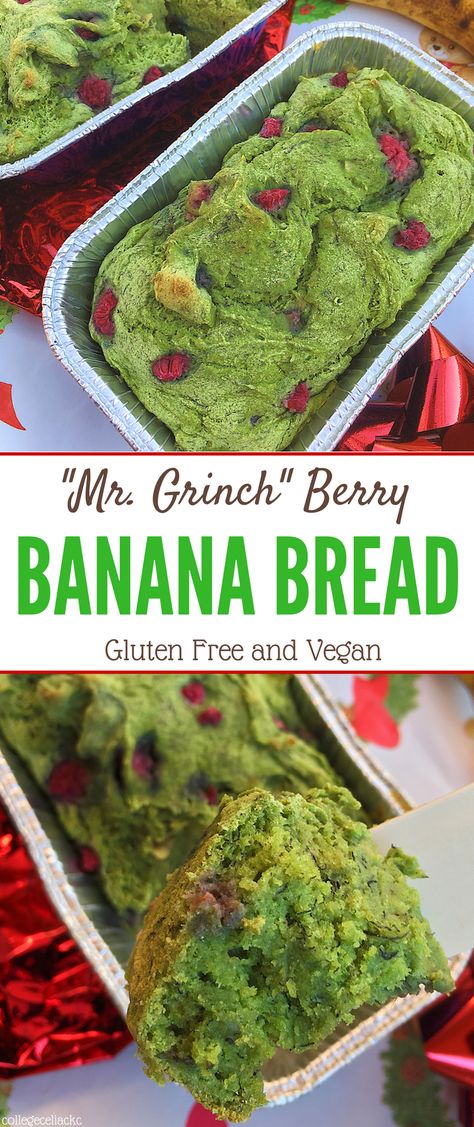 Craving a #healthy Christmas recipe that tastes like #dessert? Then this #glutenfree and #vegan banana bread is exactly what you need! Vegan Grinch Cookies, Banana Christmas Recipes, Spinach Banana Bread, Grinch Bread, Christmas Banana Bread, Christmas Banana, Banana Christmas, Berry Banana Bread, December Recipes